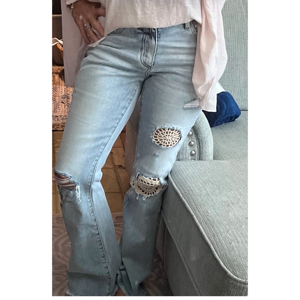 Ceros Bohemian Crochet Mid Rise Flare Jeans Size 31